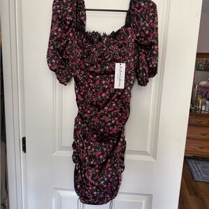 For Love And Lemons Pink and Black Ruched Midi Dress